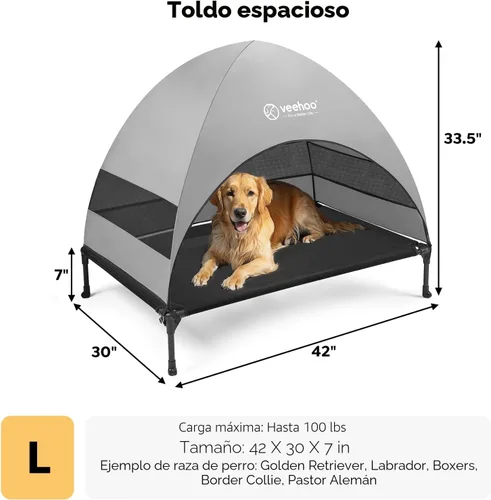 Miniatura 4 de Cama para Perros al Aire Libre Veehoo con Toldo, Catre Elevado Refrescante para Mascotas con Sombra Removible, Patas Antideslizantes, Catre Elevado
