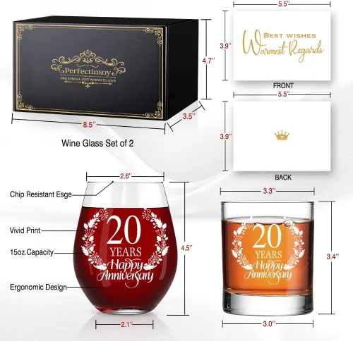 Miniatura 2 de Perfectinsoy Juego de regalo de copa de whisky sin tallo, 20 años de feliz aniversario, regalo de boda para mamá, papá, alma gemela, pareja, regalos