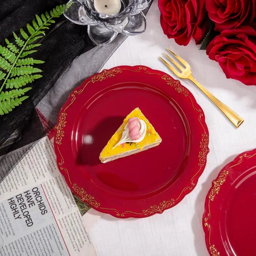 Miniatura 4 de LIYH 100 Platos de Postre de Plástico Burdeos Dorado con 100 Tenedores de Postre Dorados, Platos de Ensalada Rojos Desechables Incluye 100 Platos