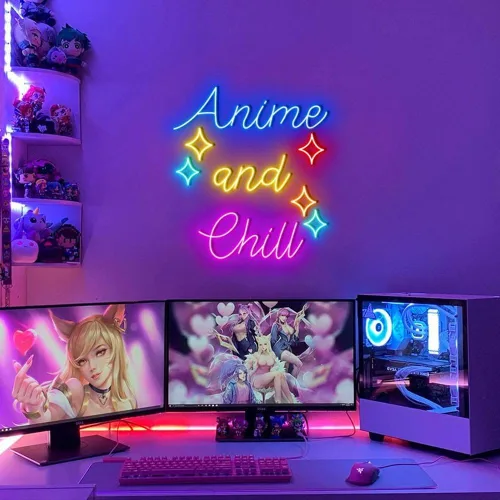 Letreros de neón personalizados de Anime and Chill para decoración de pared, letrero de luz LED rosa para sala de juegos, fiesta, bar, tamaño: 18