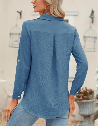 Miniatura 42 de Odosalii - Camisas con botones para mujer, con cuello en V, manga larga, enrolladas, blusas elegantes y formales para negocios y ocasiones casuales