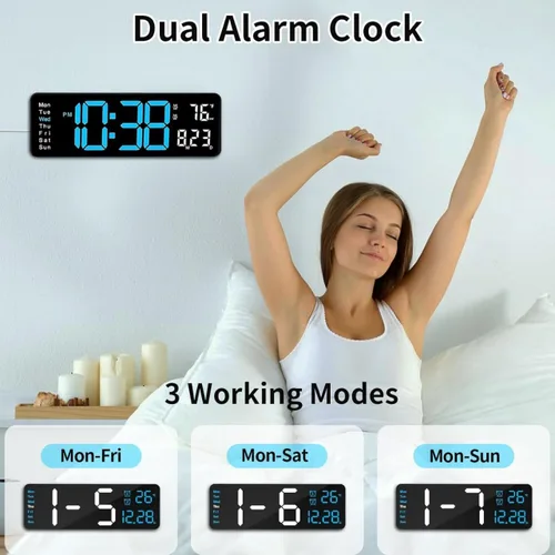 Miniatura 7 de Reloj de pared digital LED grande de 16.5 pulgadas con brillo automático, retroiluminación RGB, alarma doble, pantalla de temperatura y humedad