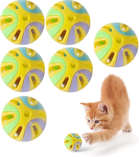 Miniatura 9 de Pelotas de juguete coloridas para gatos con campana, 6 unidades, diseño hueco interactivo, plástico, juguete de ejercicio de entrenamiento