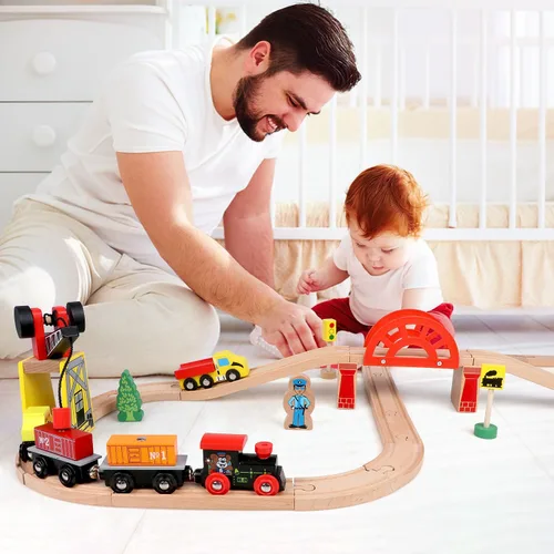 Miniatura 4 de Juego de trenes de madera Qilay para niños pequeños - 39 piezas de vías de tren de madera con grúa, puente y 5 trenes de madera - Juguetes de trenes