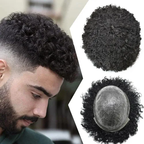 Afro Toupee para hombres negros, cabello humano rizado afroamericano para hombre, sistema de cabello para toda la piel, base de poliuretano, unidad