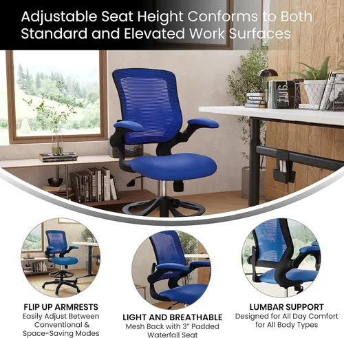 Miniatura 4 de Flash Furniture Kale Silla de dibujo ergonómica de malla azul con respaldo medio Anillo de pie ajustable, brazos abatibles