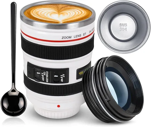 Miniatura 9 de Taza de café con lente de cámara, a prueba de fugas, 13.5 onzas, SUS-304, taza de viaje de acero inoxidable con cuchara, sin BPA, tapa para Negro
