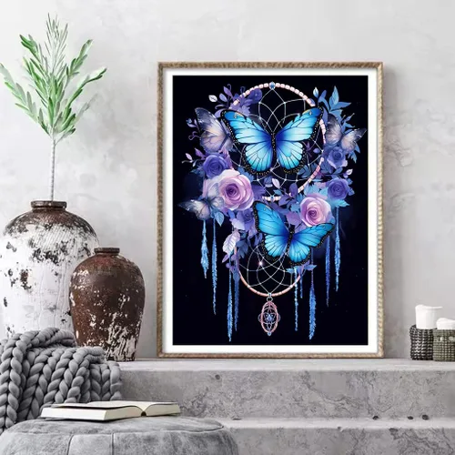 Miniatura 3 de croshom Kit de arte de diamantes 5D atrapasueños, kits de pintura de diamantes de mariposa para adultos principiantes, pintura de taladro redondo