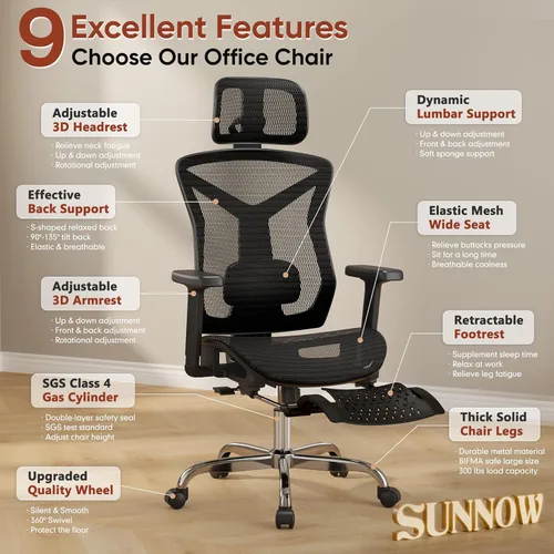 Miniatura 3 de Silla de oficina ergonómica con reposapiés, silla de escritorio cómoda con soporte lumbar ajustable 3D y reposabrazos y reposacabezas, inclinación