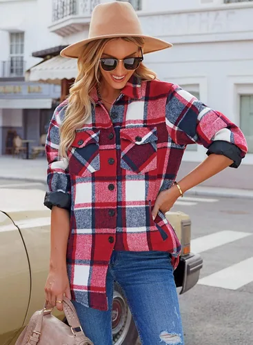 Miniatura 8 de GRAPENT Chaqueta acolchada con botones a cuadros de gran tamaño para mujer