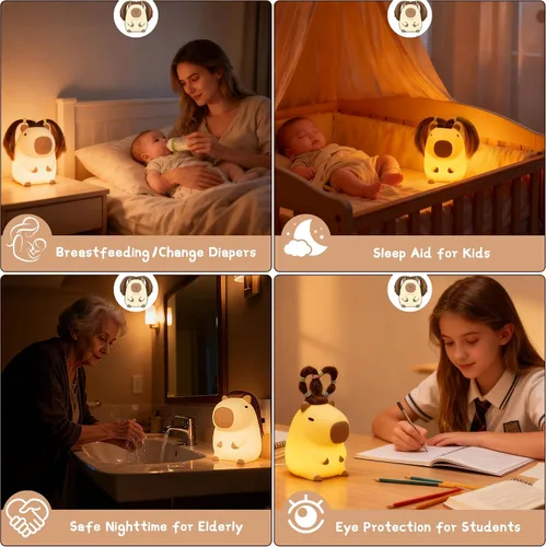 Miniatura 6 de Linda luz nocturna de capybara con peinado DIY, lámpara de silicona esponjosa, luz nocturna para habitación infantil, lámpara de mesita recargable