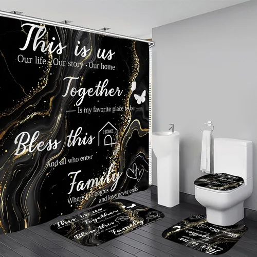 Miniatura 9 de Juego de cortinas de ducha familiares AZHM Negro para baño con cortina de ducha y alfombras y accesorios Decoración de baño con cortina y 12 ganchos