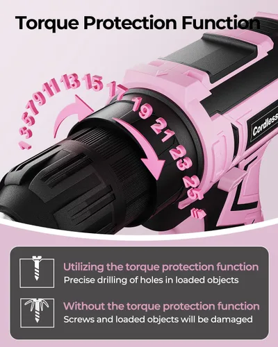 Miniatura 6 de Juego de taladro inalámbrico rosa, taladro eléctrico de 20 V para mujer, destornillador eléctrico ligero con paquete de energía y cargador