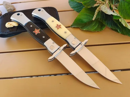 Miniatura 4 de Russian Finka-NKVD KGB - Cuchillo de bolsillo plegable, hoja de acero pulido de espejo de 3.74 pulgadas, mango de resina con incrustaciones