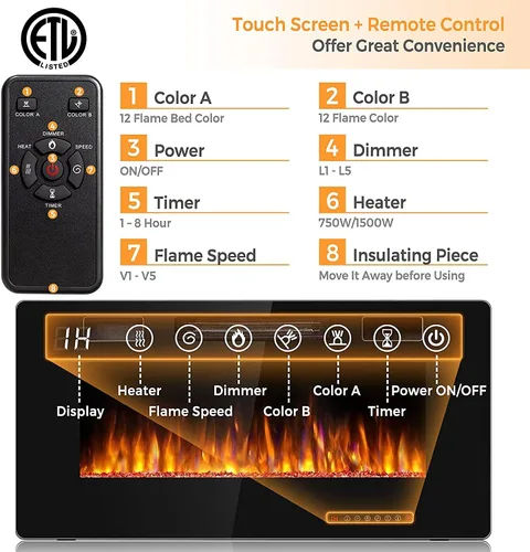 Miniatura 5 de Topment Chimenea eléctrica empotrada y montada en la pared con color y velocidad de llama ajustables, control remoto y táctil con temporizador, bajo