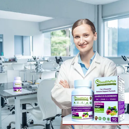 Miniatura 10 de 7 veces saúco con zinc, vitamina C, vitamina D, equinácea, jengibre y grosella espinosa india (Amla). Cápsulas de saúco prémium de 90