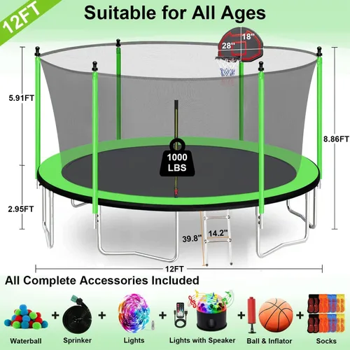 Miniatura 7 de Trampolín de 10 pies, 12 pies, 14 pies, 15 pies, 16 pies, para niños y adultos, trampolín al aire libre de 1500 libras con aro de baloncesto, red