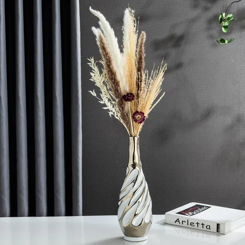 Miniatura 5 de Yundu Juego de 2 jarrones de cerámica, blanco con plata, decoración moderna del hogar, sala de estar, flores secas, 14 x 6 x 6 pulgadas