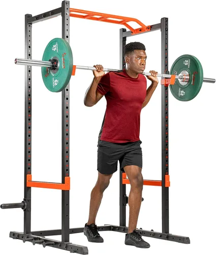 Sunny Health & Fitness Power Zone Strength Rack Power Cage - 1000 LB Weight Capacity, Spotter Bar, Angled Pull-Up Bar, J-Hooks, Resistance Band