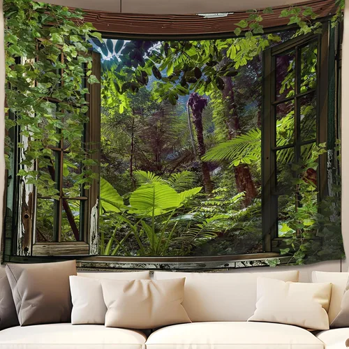 Miniatura 21 de QGHOT Tapiz de bosque brumoso, tapiz de montaña natural para colgar en la pared, paisaje de acuarela verde salvia, arte de pared para dormitorio