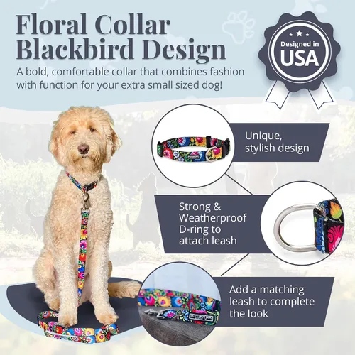 Miniatura 2 de Lucky Love Dog - Collar para perras pequeñas, diseño Blackbird de estampado alegre con flores de primavera y verano, talla XS