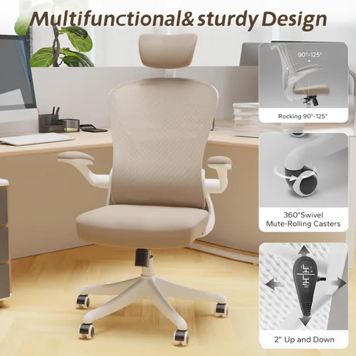 Miniatura 5 de Silla de Oficina Ergonómica con Soporte Lumbar Ajustable y Reposabrazos Abatibles - Silla de Escritorio de Computadora de Respaldo Alto con Cojín