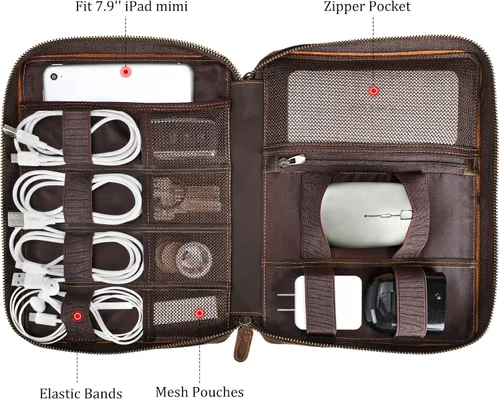 Miniatura 5 de Polare - Organizador de cables de viaje de cuero de grano completo, bolsa de transporte para accesorios electrónicos con cremalleras YKK, bolsa