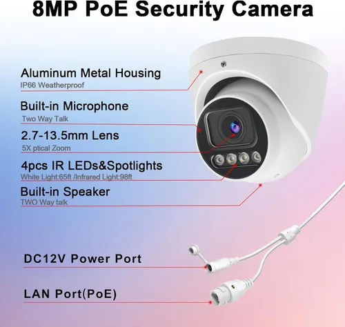 Miniatura 3 de Cámara de seguridad IP PoE de 8MP 4K con zoom óptico 5X, cámara IP domo H.265, luz dual inteligente, conversación bidireccional, ranura para tarjeta