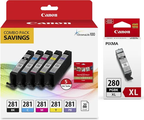Canon Paquete combinado de depósito de tinta original CLI-281 de 5 colores con papel fotográfico de 5 x 5 (2091C006) PGI-280 XL Pigment Black Ink