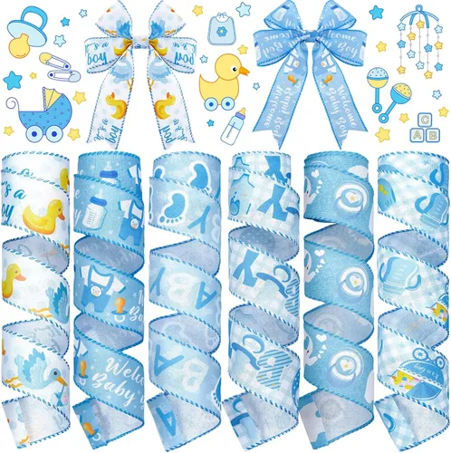6 rollos de 30 yardas de cinta azul claro para baby shower, decoración de bienvenida para envolver regalos, caja de lazo, decoración de mesa