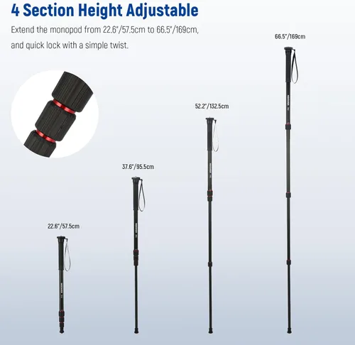 Miniatura 3 de NEEWER Soporte monopie para cámara de 66.5 pulgadas, palo de aluminio ligero para selfie de viaje para videocámara DSLR, fotografía y grabación