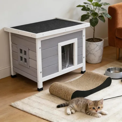 Miniatura 2 de Casa de madera maciza para gatos y perros, cabaña para mascotas al aire libre para conejos, gatitos y perros pequeños, cortina resistente al viento