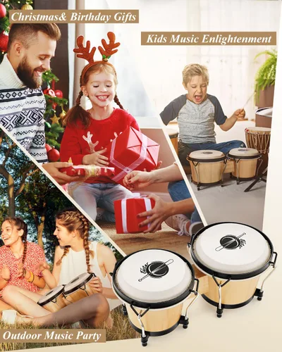 Miniatura 6 de Batería de bongó Eastar de 6" y 7" de madera, instrumento de percusión para niños, adultos y principiantes con acabado natural, EBO-1 Natural Finish