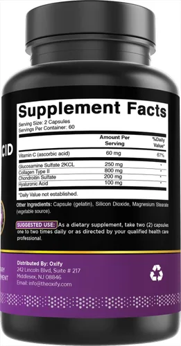 Miniatura 5 de Oxify Ácido hialurónico con glucosamina, condroitina, colágeno, vitamina C – 1410 mg por porción – 120 cápsulas Sin gluten, sin OMG Suplemento