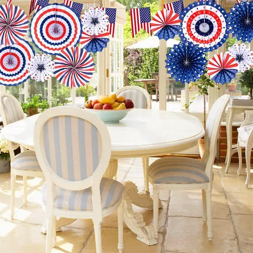 Miniatura 5 de Juego de 12 abanicos de papel para colgar para fiestas, estrellas y rayas del 4 de julio, temática patriótica de Estados Unidos, decoración