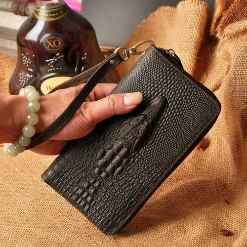 Miniatura 5 de Le'aokuu Unisex calidad cuero genuino cadena embrague mano bolso organizador monedero chequera cremallera cartera 1016, Cocodrilo marrón