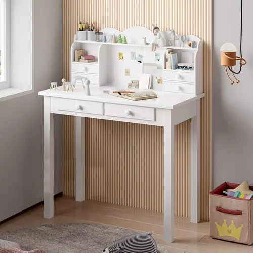 Miniatura 12 de ADORNEVE Pequeño Escritorio Blanco con Estante Superior y Puertos USB, Escritorio de Oficina en Casa de 31.5 Pulgadas con Cajones, Mesa de Estudio