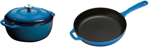 Lodge - Horno holandés de hierro fundido esmaltado de 6 cuartos de galón con tapa y asas dobles, sartén de hierro fundido esmaltado azul, color azul