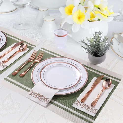Miniatura 3 de FOCUSLINE Juego de vajilla desechable de 350 piezas para 50 invitados - Platos de plástico resistente con borde de oro rosa, incluye 50 platos