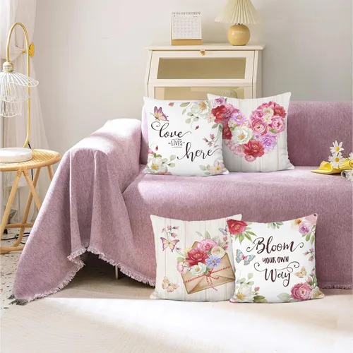 Miniatura 2 de Bonhause Juego de 4 fundas de almohada florales de primavera de 18 x 18 pulgadas, diseño de flores rosas con amor para el día de la madre, almohadas