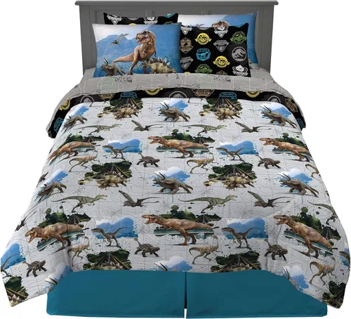 Franco - Juego de ropa de cama para niños supersuave con funda, edredón y sábanas, 7 piezas, tamaño matrimonial, Jurassic World