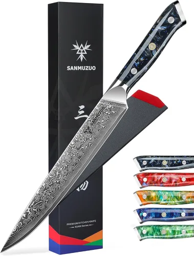 Miniatura 9 de Cuchillo para cortar carne de cocina de 9 pulgadas, serie Xuan, VG10, acero de damasco con mango de resina (verde jade)