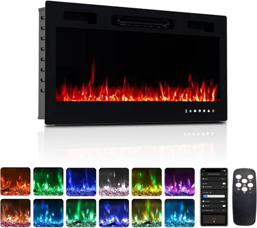 ROVSUN Chimenea eléctrica de 36 pulgadas, 2 en 1 ultrafina montada en la pared y empotrada con control remoto y aplicación, calentador de pared de