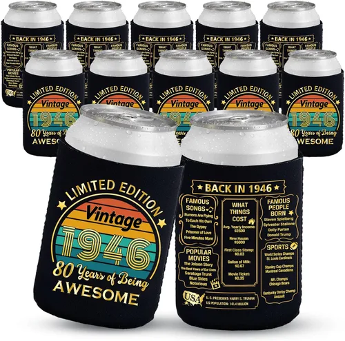 Miniatura 15 de Decoraciones de cumpleaños número 13, suministros y recuerdos de fiesta, fundas enfriadoras para latas de bebidas, paquete de 12, negro y dorado