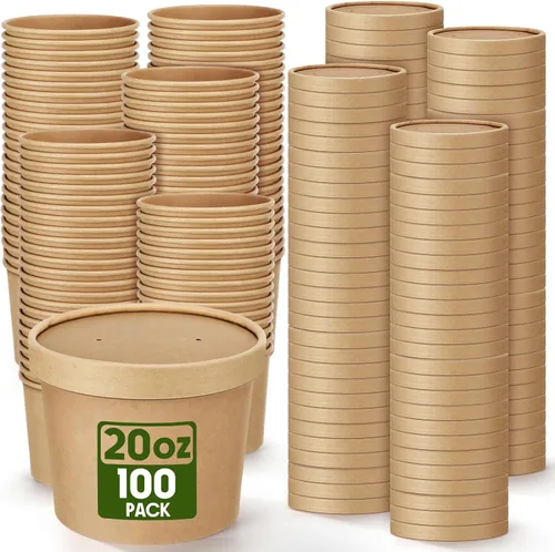 Miniatura 23 de Fulmoon Paquete de 100 recipientes de papel para sopa con tapas, recipientes de papel desechables para alimentos con tapa ventilada, tazas de postre