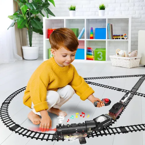 Miniatura 4 de Hot Bee Juego de tren para niños, juguetes de tren de aleación a control remoto con locomotora de vapor, vagones de carga, vías, trenes con luces