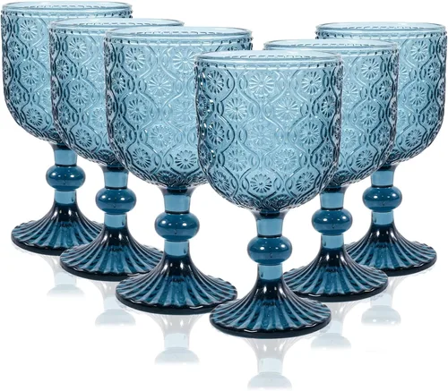 CHLJAR Juego de 6 Copas de Vino de Vidrio de Colores, Copas Azules de 14 oz de Cristal, Cristalería Vintage Azul para Bodas, Fiestas, Restaurantes,