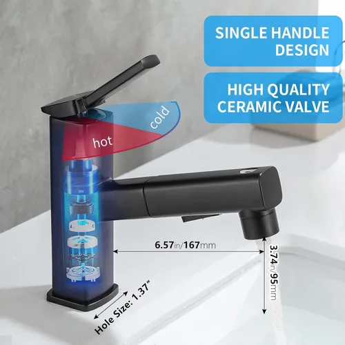 Miniatura 2 de HANLIAN Grifo de un solo agujero extraíble para lavabo de baño, grifo de lavabo negro para baño, grifo moderno de un solo mango para baño