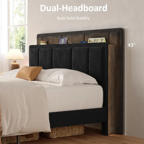 Miniatura 6 de Base de cama de almacenamiento de tamaño matrimonial, cama de plataforma tapizada con 2 cajones, cabecera de canal vertical de terciopelo con luces