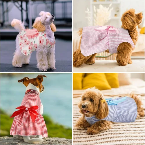 Miniatura 5 de Sanwuta 8 piezas de vestidos de perro para perros pequeños, ropa de cachorro, traje de perro para niña, lindo lazo, falda para mascotas, ropa